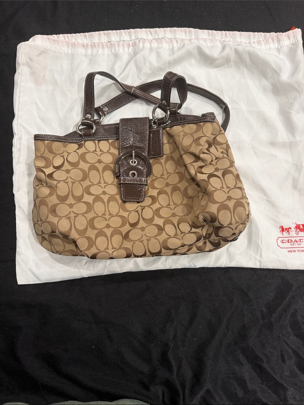 Coach Khaki Signature Canvas Shoulder Bag with Dark Brown Trim